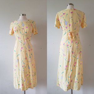 Womens Yellow Floral Midi Dress, Vintage Dress, F… - image 1